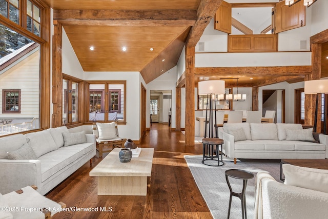 living room with a wealth of natural light, wooden ceiling, beamed ceiling, and dark wood-type flooring