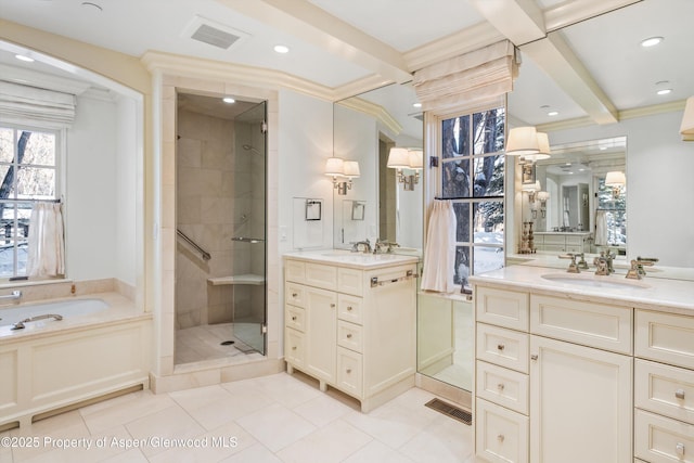 bathroom with beam ceiling, vanity, separate shower and tub, and tile patterned floors