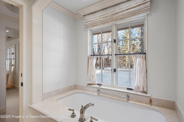 bathroom with a washtub and crown molding