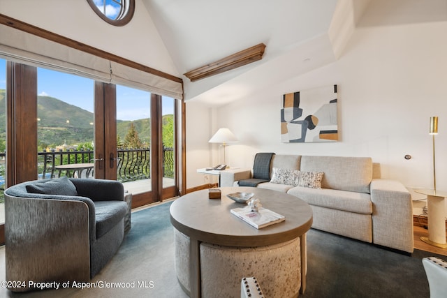 living room featuring a mountain view, french doors, and high vaulted ceiling