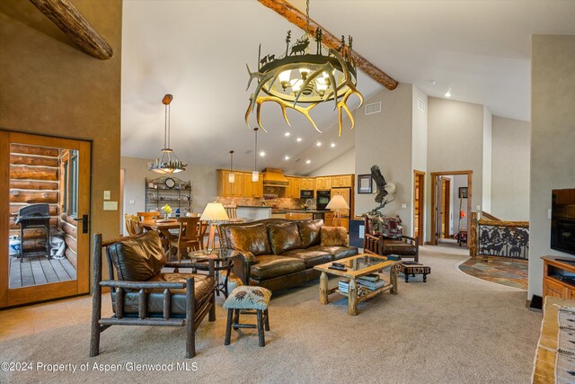 living room with beamed ceiling, light colored carpet, and high vaulted ceiling