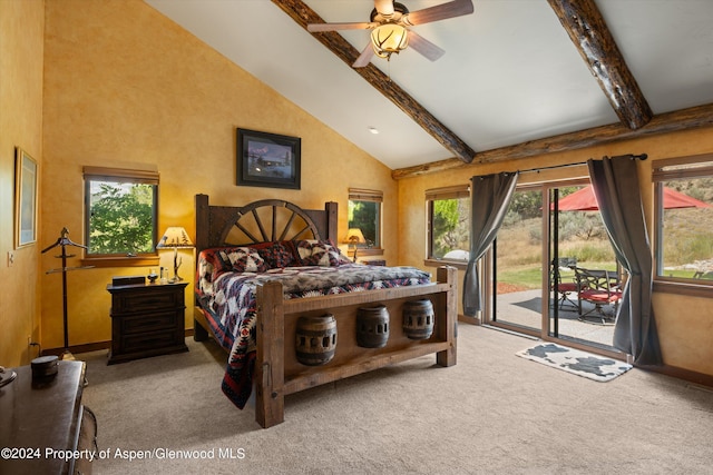 carpeted bedroom featuring high vaulted ceiling, ceiling fan, access to outside, and multiple windows