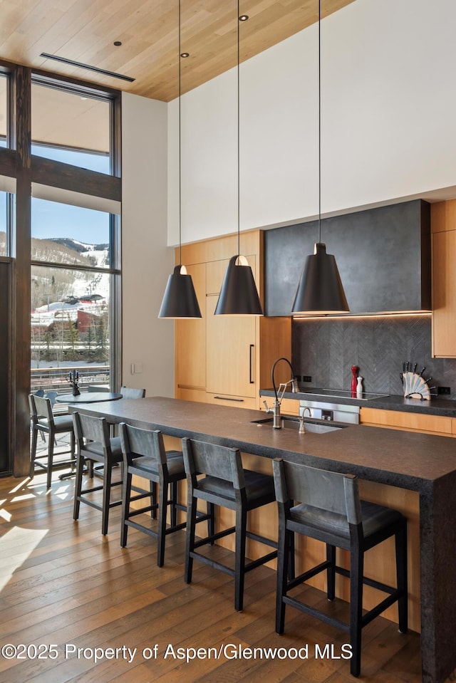 kitchen featuring a breakfast bar, decorative light fixtures, sink, decorative backsplash, and a mountain view