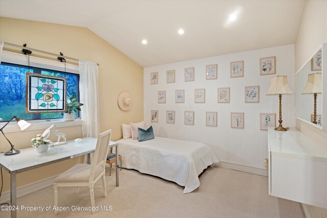 bedroom with light colored carpet and vaulted ceiling