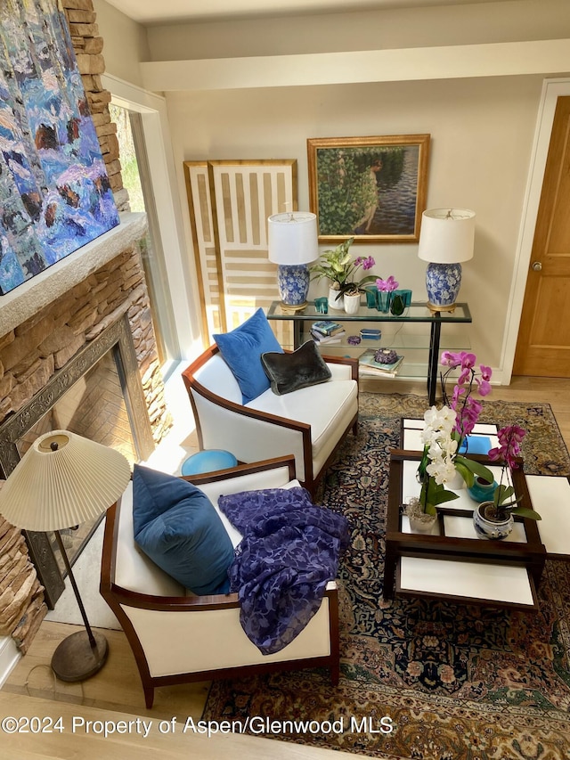 living room with a stone fireplace