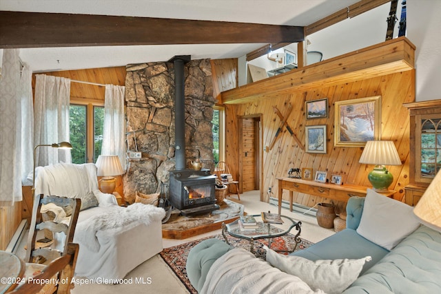 living room with a baseboard radiator, a wood stove, and wood walls