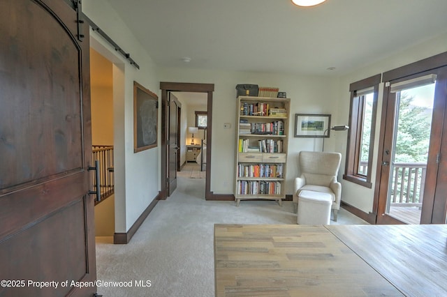 86 Sunrise Ct, Glenwood Springs, CO 81601 - bedroom featuring a barn door, light colored carpet, and access to outside