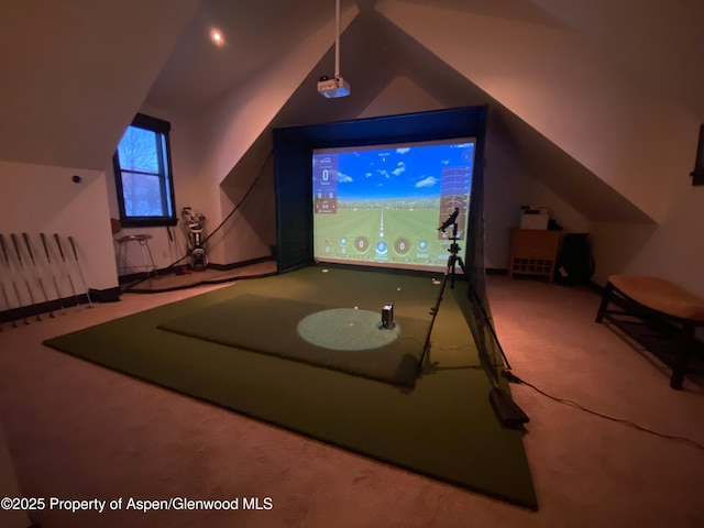 498 Red Cliff Cir, Glenwood Springs, CO 81601 - carpeted cinema room featuring golf simulator and lofted ceiling