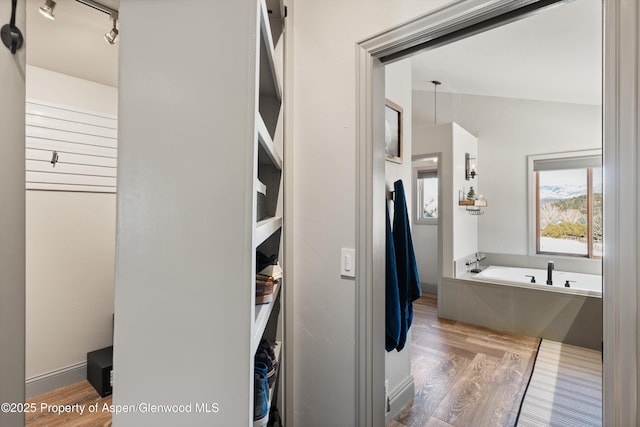 bathroom featuring lofted ceiling, a tub, and hardwood / wood-style flooring