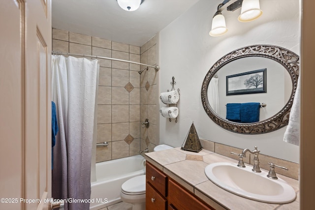 full bathroom featuring toilet, vanity, and shower / bathtub combination with curtain