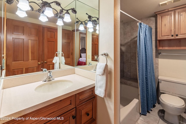 full bathroom featuring tile patterned floors, vanity, toilet, and shower / bathtub combination with curtain