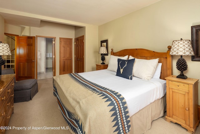 bedroom featuring light carpet and a closet