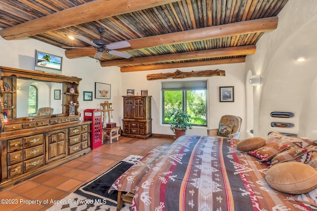 bedroom featuring light tile patterned flooring, beamed ceiling, and wooden ceiling