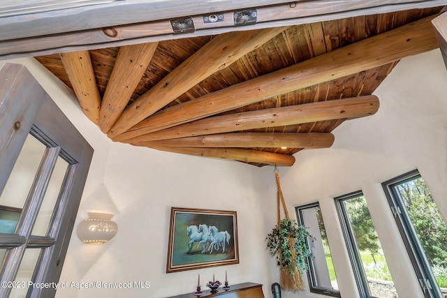 details with beamed ceiling and wooden ceiling