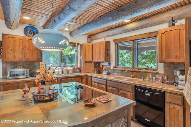 kitchen featuring beam ceiling, a wealth of natural light, dishwasher, sink, and wooden ceiling