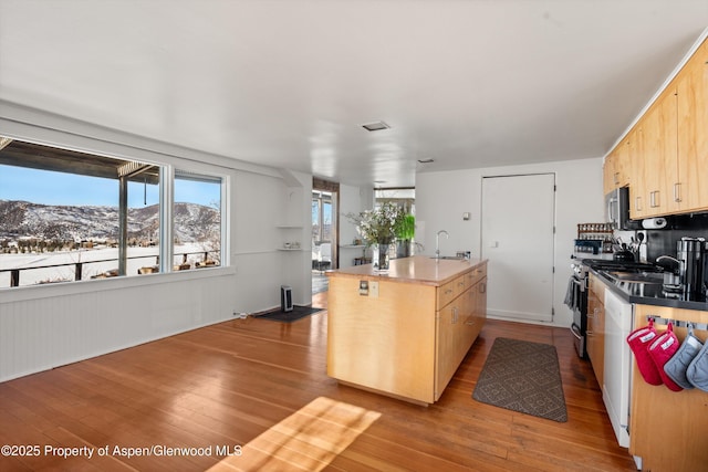 260 Star Mesa Rd, Aspen, CO 81611 - kitchen with appliances with stainless steel finishes, hardwood / wood-style floors, light brown cabinetry, and a center island with sink