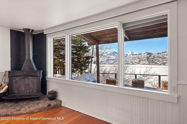 260 Star Mesa Rd, Aspen, CO 81611 - detailed view of a mountain view, wood finished floors, and a wood stove