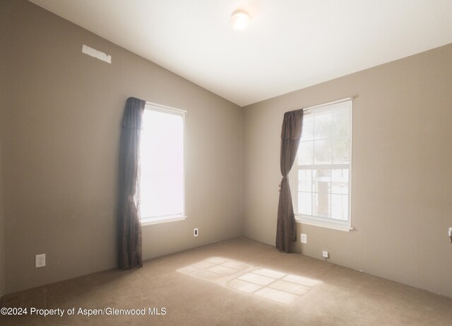 empty room featuring light carpet, vaulted ceiling, and plenty of natural light