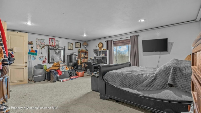 bedroom featuring light carpet