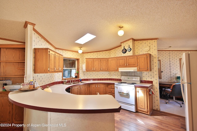 kitchen with kitchen peninsula, light wood-type flooring, a skylight, white appliances, and sink