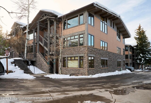 view of snow covered building