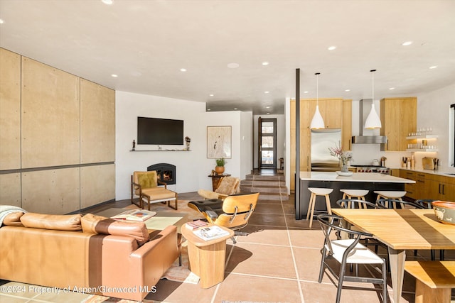 living room featuring light tile patterned floors