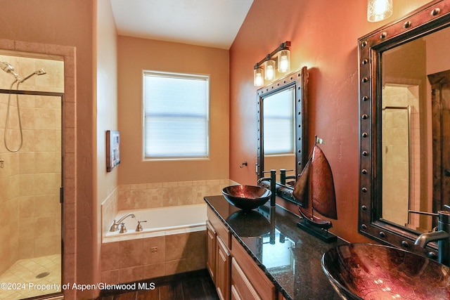 bathroom with vanity and independent shower and bath