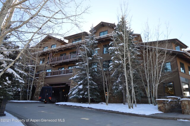 view of snow covered building