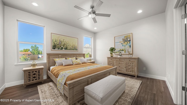 bedroom featuring baseboards, dark wood finished floors, a ceiling fan, and recessed lighting