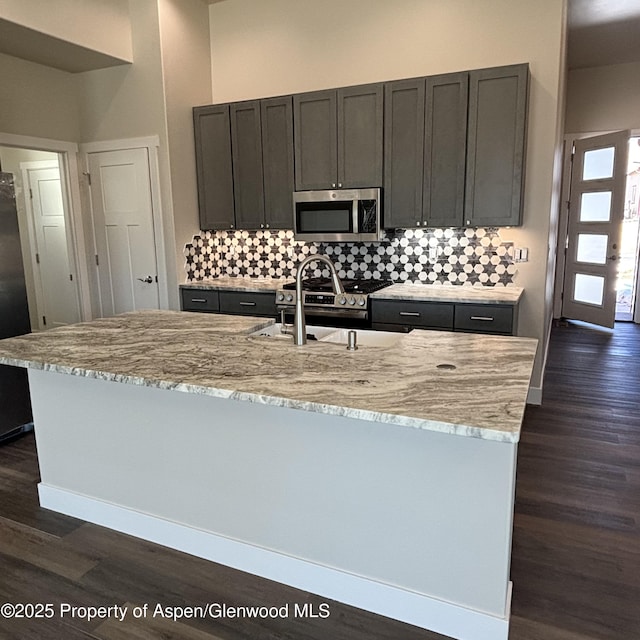 kitchen featuring tasteful backsplash, dark wood-style flooring, stainless steel appliances, and a sink