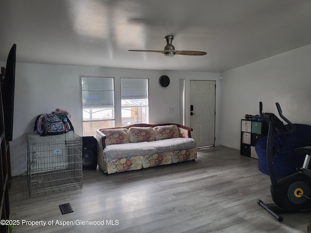 living room with ceiling fan and light hardwood / wood-style flooring