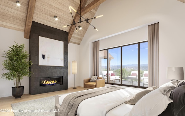 902/904 Sopris Creek Rd, Basalt, CO 81621 - bedroom with access to outside, high vaulted ceiling, wood finished floors, a wooden ceiling with exposed beams, and a tiled fireplace