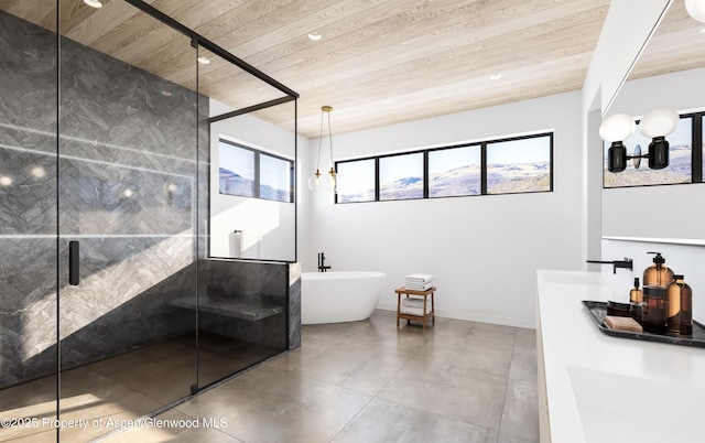 902/904 Sopris Creek Rd, Basalt, CO 81621 - bathroom with wooden ceiling, a freestanding tub, double vanity, and a shower stall