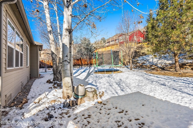 yard layered in snow with a trampoline