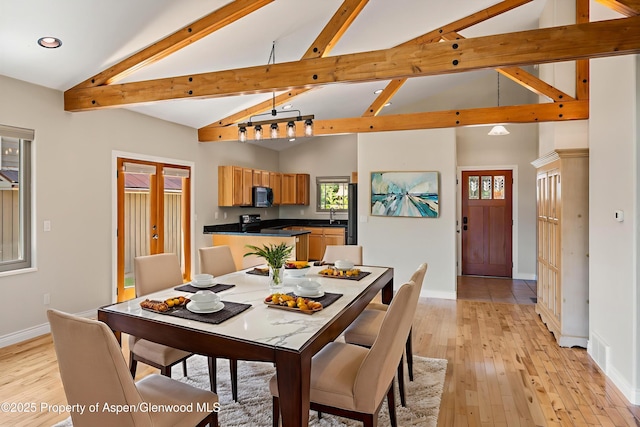 152 Blackhawk Dr, New Castle, CO 81647 - dining space with high vaulted ceiling, recessed lighting, light wood-style flooring, and beam ceiling