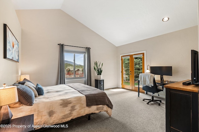 bedroom with high vaulted ceiling, recessed lighting, access to exterior, carpet flooring, and baseboards
