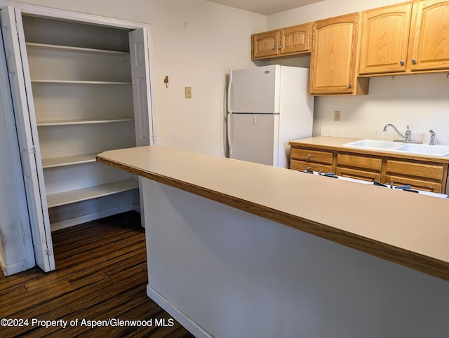 kitchen with light brown cabinetry, white refrigerator, dark hardwood / wood-style floors, and sink