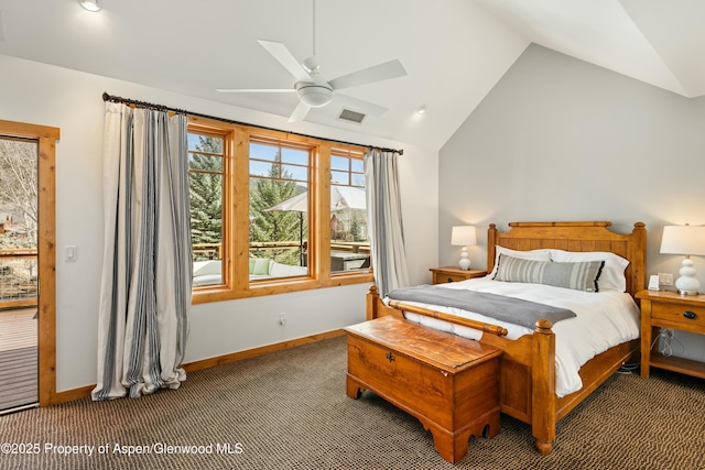 bedroom with visible vents, baseboards, lofted ceiling, ceiling fan, and carpet