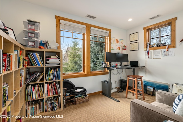 office area with recessed lighting, visible vents, and baseboards