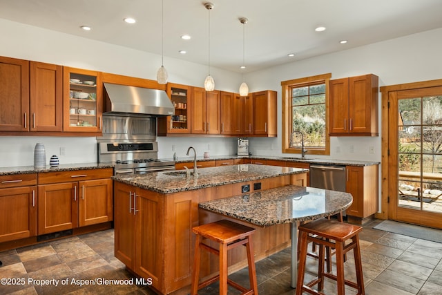 kitchen featuring a healthy amount of sunlight, wall chimney range hood, appliances with stainless steel finishes, and a sink