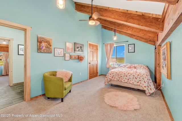 carpeted bedroom with high vaulted ceiling, a ceiling fan, beam ceiling, and baseboards