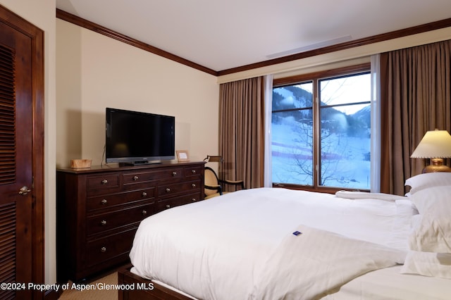 bedroom with crown molding