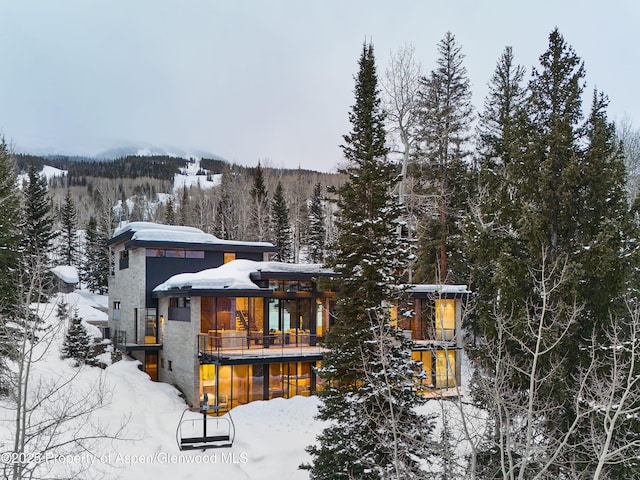 snow covered house featuring a view of trees