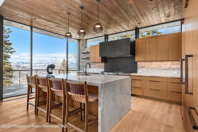 kitchen featuring ventilation hood, light wood finished floors, a sink, decorative backsplash, and wood ceiling