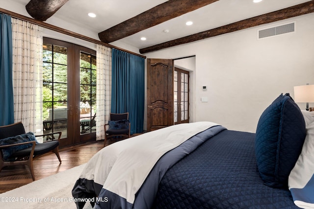 120 Running Mare Rd, Woody Creek, CO 81656 - bedroom with french doors, beam ceiling, access to outside, wood finished floors, and recessed lighting