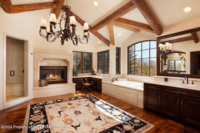 120 Running Mare Rd, Woody Creek, CO 81656 - full bathroom with a chandelier, a bath, hardwood / wood-style floors, vanity, and a premium fireplace