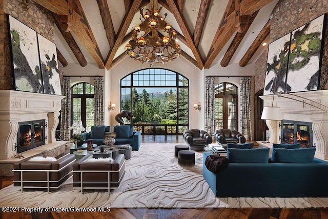 120 Running Mare Rd, Woody Creek, CO 81656 - living room featuring a glass covered fireplace, high vaulted ceiling, french doors, beamed ceiling, and wood finished floors