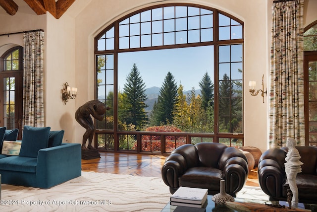 120 Running Mare Rd, Woody Creek, CO 81656 - living area with wood finished floors, arched walkways, and a high ceiling