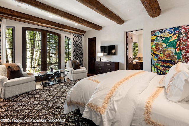 120 Running Mare Rd, Woody Creek, CO 81656 - bedroom featuring beamed ceiling, multiple windows, and recessed lighting
