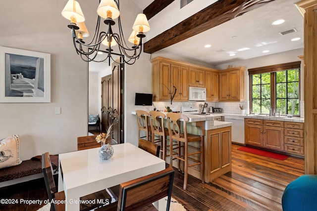 120 Running Mare Rd, Woody Creek, CO 81656 - dining area featuring a chandelier, dark wood-type flooring, recessed lighting, and beamed ceiling